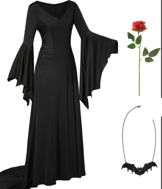 Gothic Long Dress Costume with Rose & Necklace